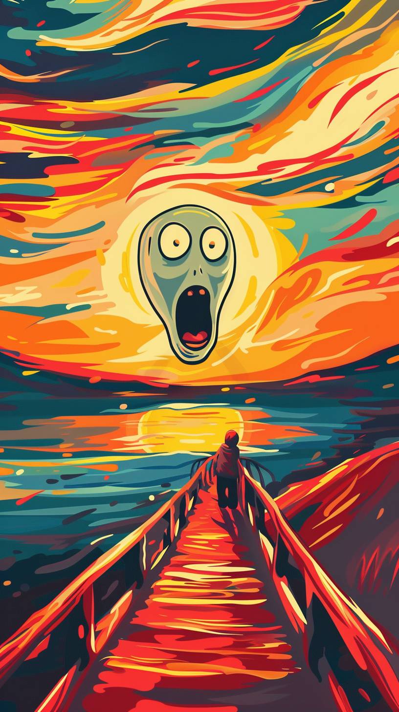 エドヴァルド・ムンクのスタイルで描かれた『叫び』の絵ですが、顔の代わりにアニメキャラクターの頭があります。前には水上にかかる木橋と人々が歩いています。夕焼け時です。明るい黄色の空、青い海、オレンジ色の夕陽。宮崎駿のスタイルで描かれています。