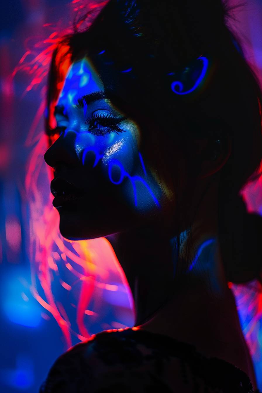 Silhouette of [SUBJECT] in the background, [COLOR] and [COLOR] light on the face, photography in the style of high fashion, movement, lights everywhere, abstract shadows