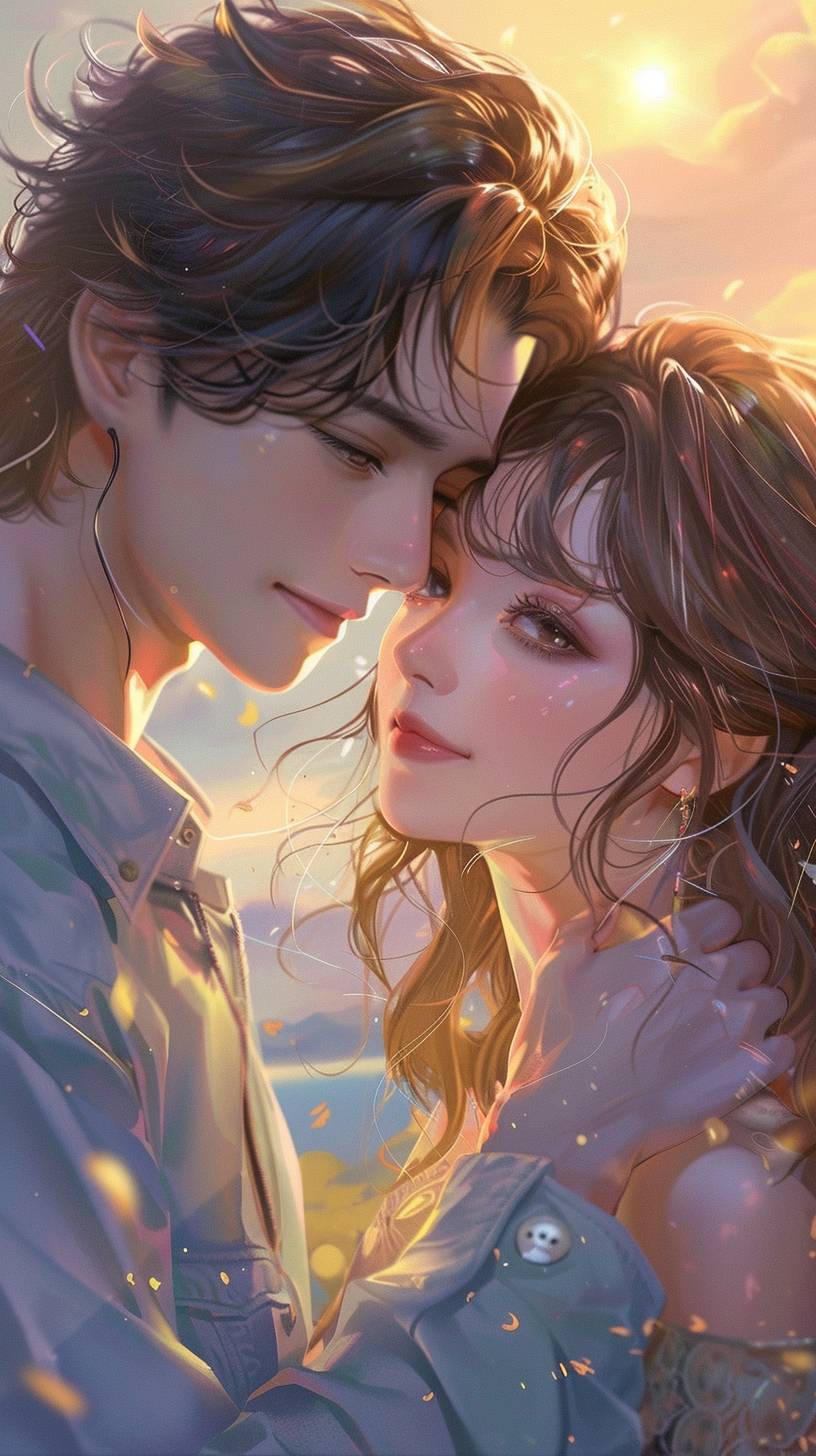 A lovely couple in anime style, hugging and standing in beautiful scenery. The girl has long brown hair and the guy has short hair. They are taking a couple selfie in a cute pose with cheeks together. It is a masterpiece with a romantic atmosphere and HD quality.