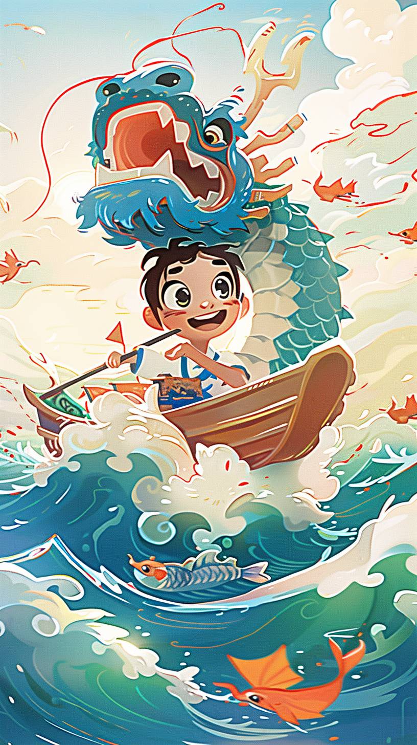 A cute cartoon dragon boat celebrates the Dragon Boat Festival in the way of traditional Chinese festivals. In an animated illustration, this work is created in the style of Hayao Miyazaki, featuring bright colors and cartoon style illustrations. It uses light green and orange tones to create a festive atmosphere.