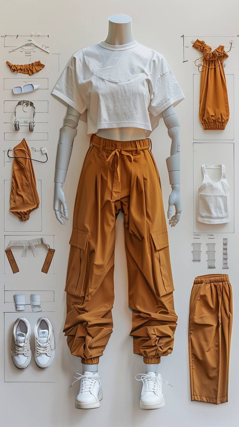 Costume design drawing, a girl, on a white background, wearing a white T-shirt, brown wide-leg pants, white shoes. The picture includes a disassembled model's costume without parameter information such as --ar 9:16 --stylize 250 --v 6.0.