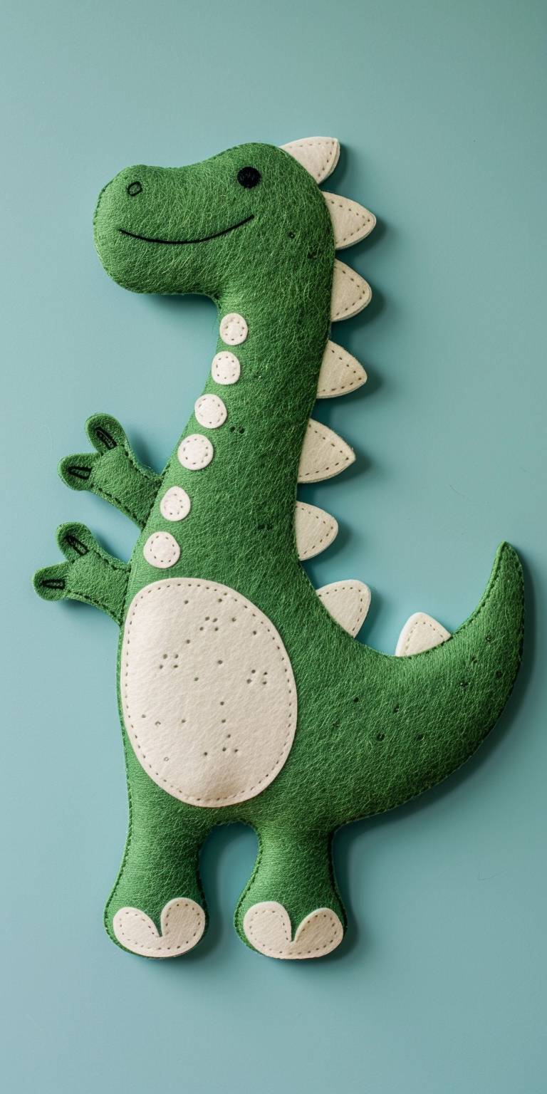 シンプルな刺繍フェルト製の緑の恐竜、白い腹部、シンプルなデザイン、青い背景の上にフラットレイ