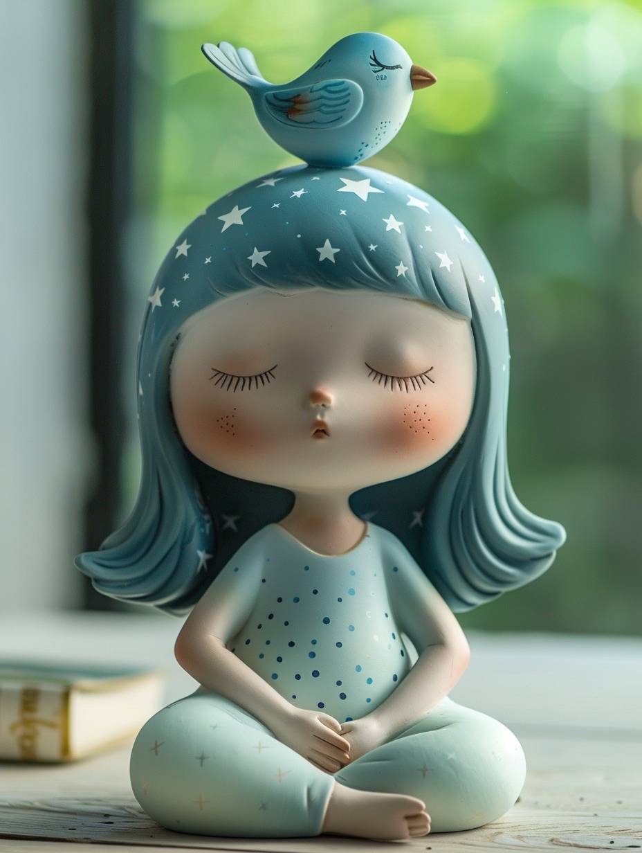 Blind box style vinyl toy of a cute little girl with starry hair and a blue bird on her head with her eyes closed in a meditative pose on a simple white background tilted slightly from The side angle is displayed. The toy adopts a minimalist design with bright colors, high saturation, natural light, soft shadows and exquisite details. Its style is all about natural light, soft shadows and exquisite details