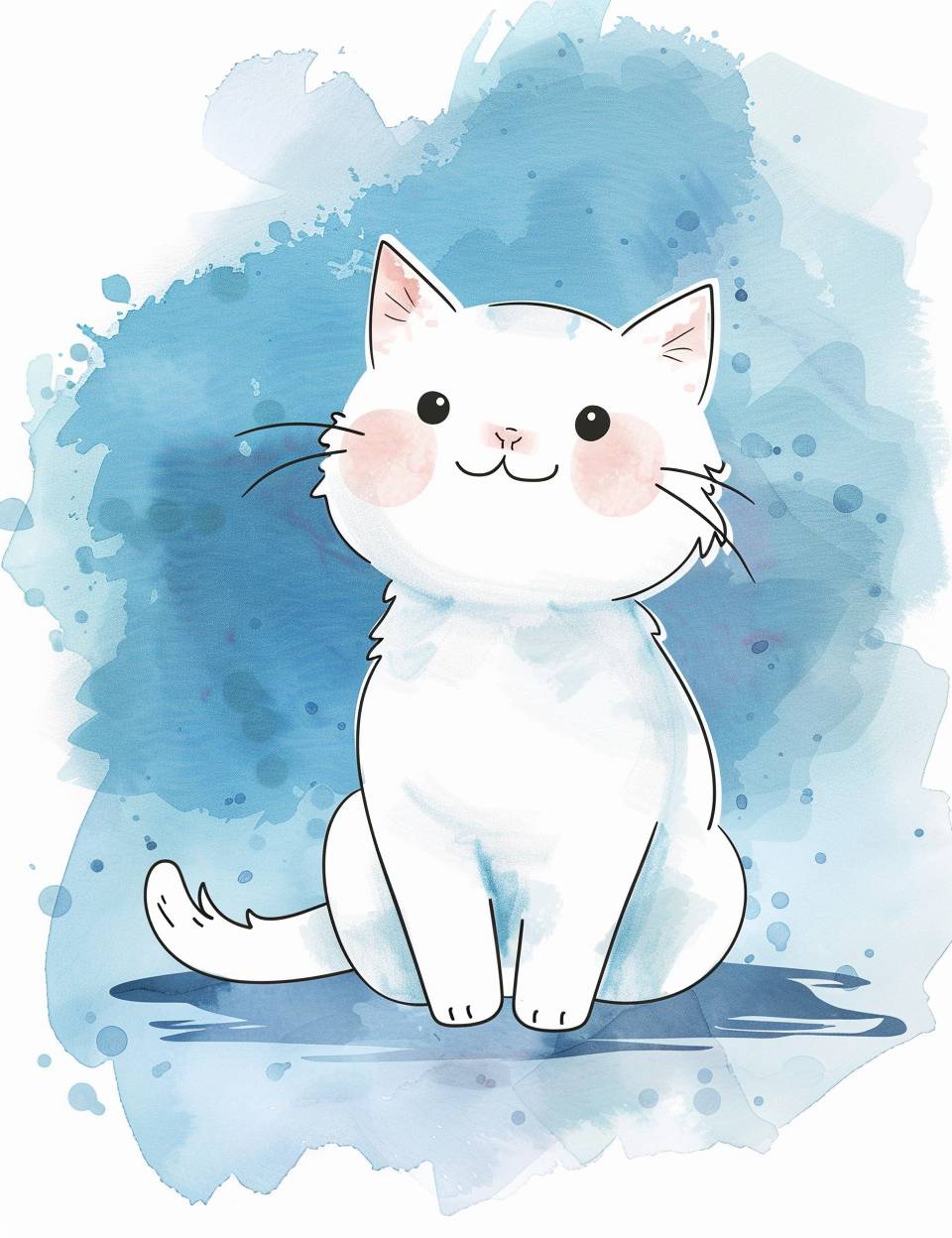 可愛らしいカートゥーンの白い猫、青い水彩の背景のステッカーで、アンリ・マティスと竹政良のスタイルでシンプルなフラットなイラストです。
