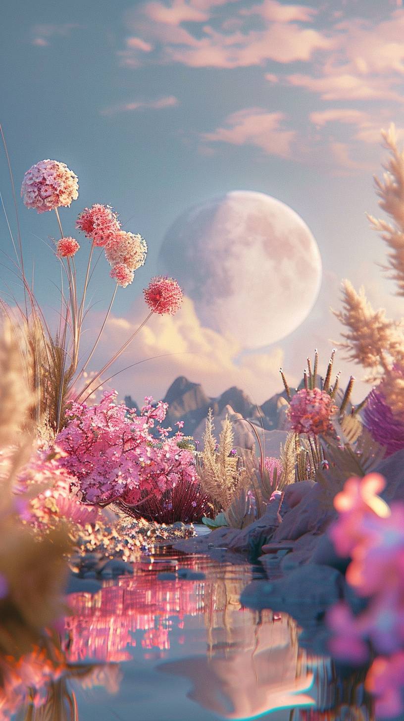 空中の抽象的な月、カラフルな風景、様々な植物、愛らしい花々、3D、vrayスタイルの柔らかいロマンチックな風景