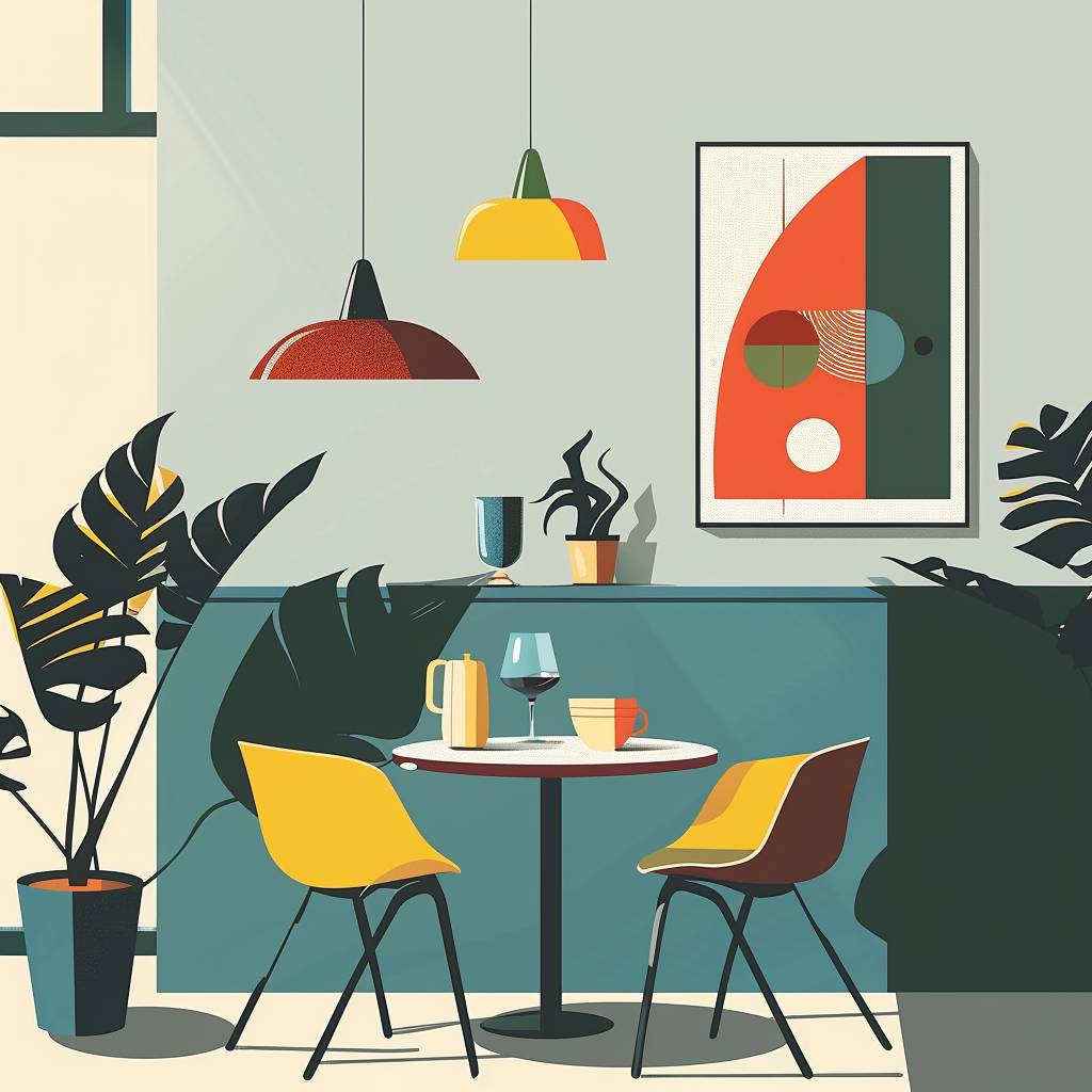 Retro vintage Graphic minimal style Ikea Scandinavian style Cafe Interior design, Artistic Illustration, Pop Art Minimal Modernism Style, pop art color.