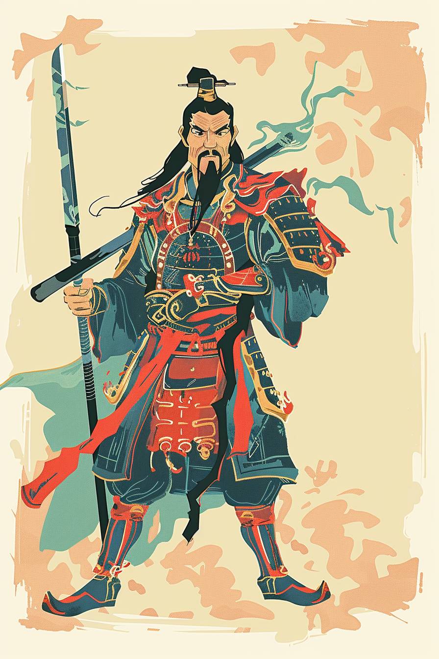 In the style of Qi Baishi, warrior character, full body, flat color illustration