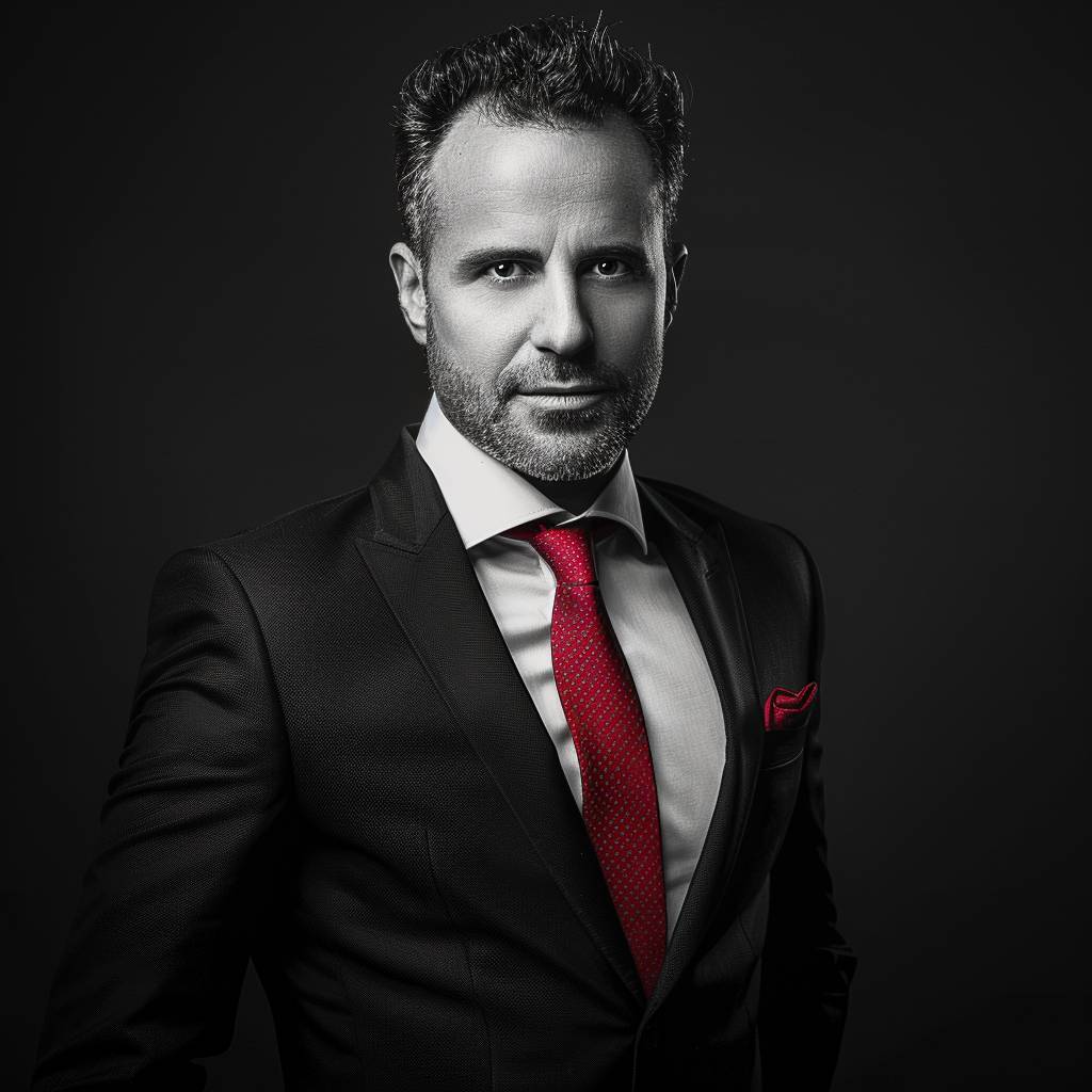 A striking black and white portrait of an elegant man in his late thirties, exuding confidence with sharp facial features and stylish hair. He's wearing a sleek dark suit with high contrast against the background, showcasing perfect fit, while adding some color to the composition through a vibrant red tie and pocket square. Focus on face, professional studio lighting, high resolution photography, insanely detailed, fine details, isolated plain, stock photo quality