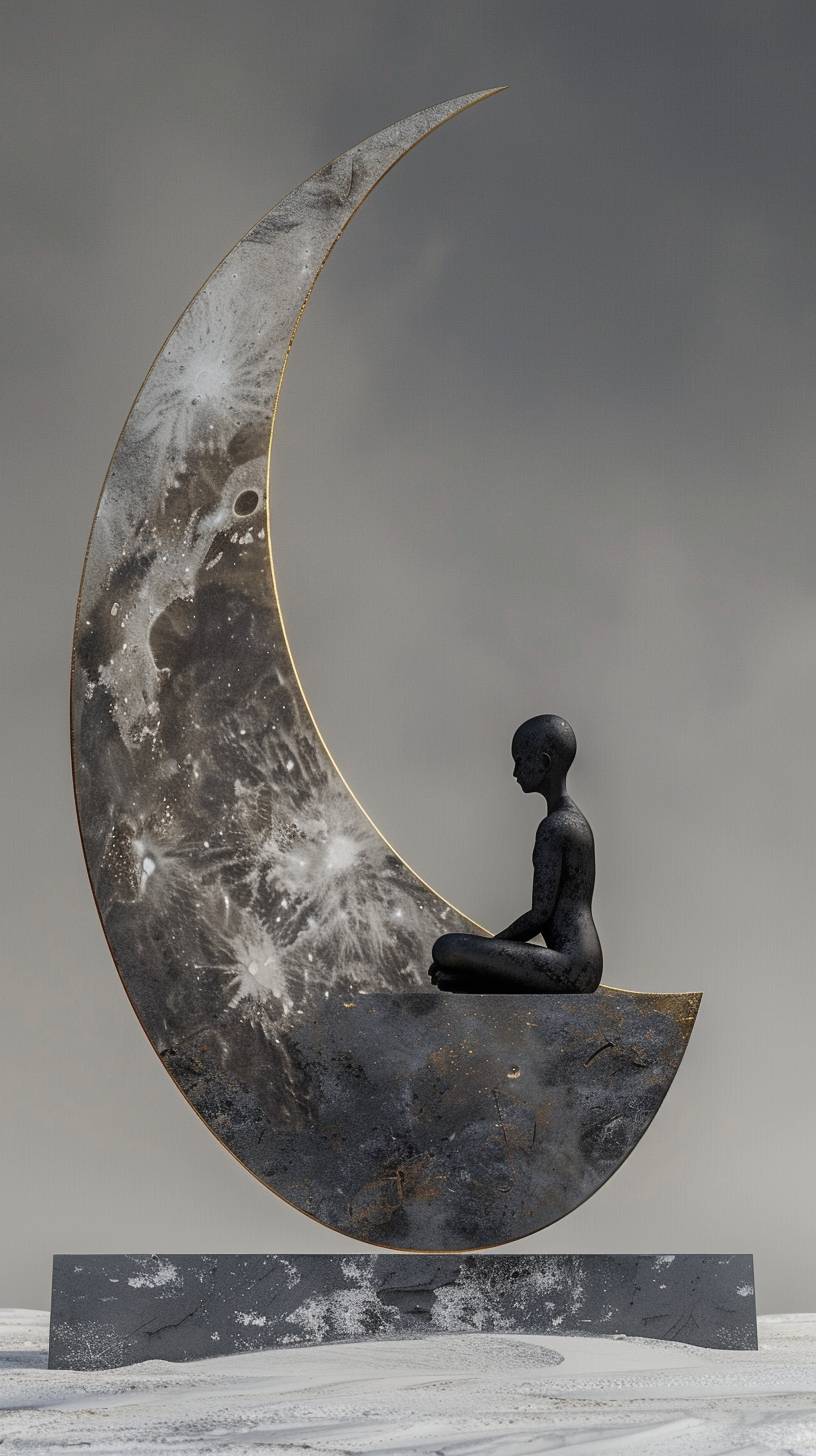 Surrealism, minimalist style, a giant crescent moon in the sky, a monk meditating on it, minimalist abstract style, 8k resolution, shot with a 1200mm lens, in light gray and gold, with strong shadows, Eastern imagery, a pure background.