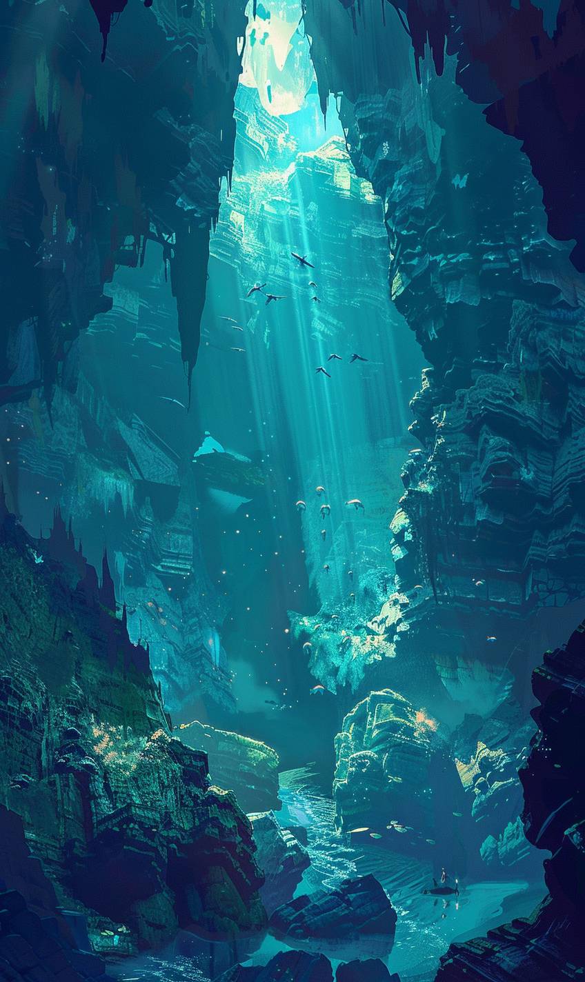 In the style of Atey Ghailan, an underwater cavern with magical merfolk