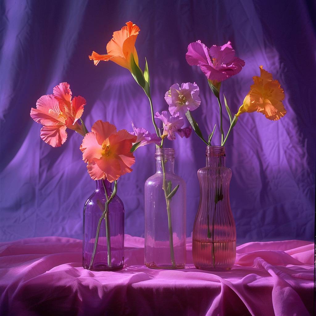Fine-art still life photography, detailed, vivid pink and orange flowers in bottles, purple plain background, in the style of grainy filter, 80s sharp contrast