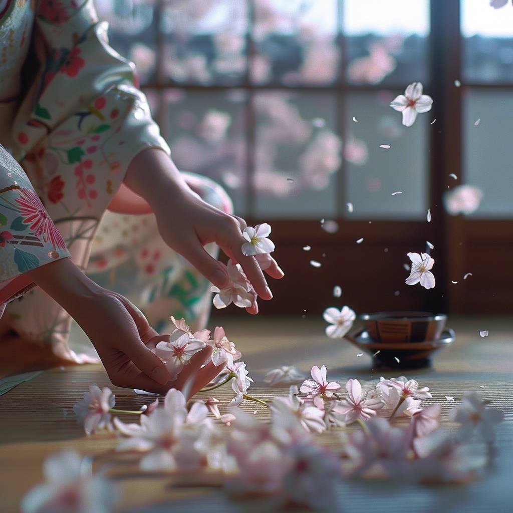 김노를 입은 여성이 꽃을 정리하고 있습니다. 섬세한 손길. 벚꽃. 전통적인 일본식 방. 아침. 타타미 매트, 슬라이딩 도어, 근처에 차 세트가 있습니다. 손과 꽃에 초점을 맞춘 근접 샷. 쌀 종이 문을 통해 들어오는 부드러운 빛과 꽃잎이 슬로우 모션으로 늘어지는 모습. 사실적인 디테일입니다.