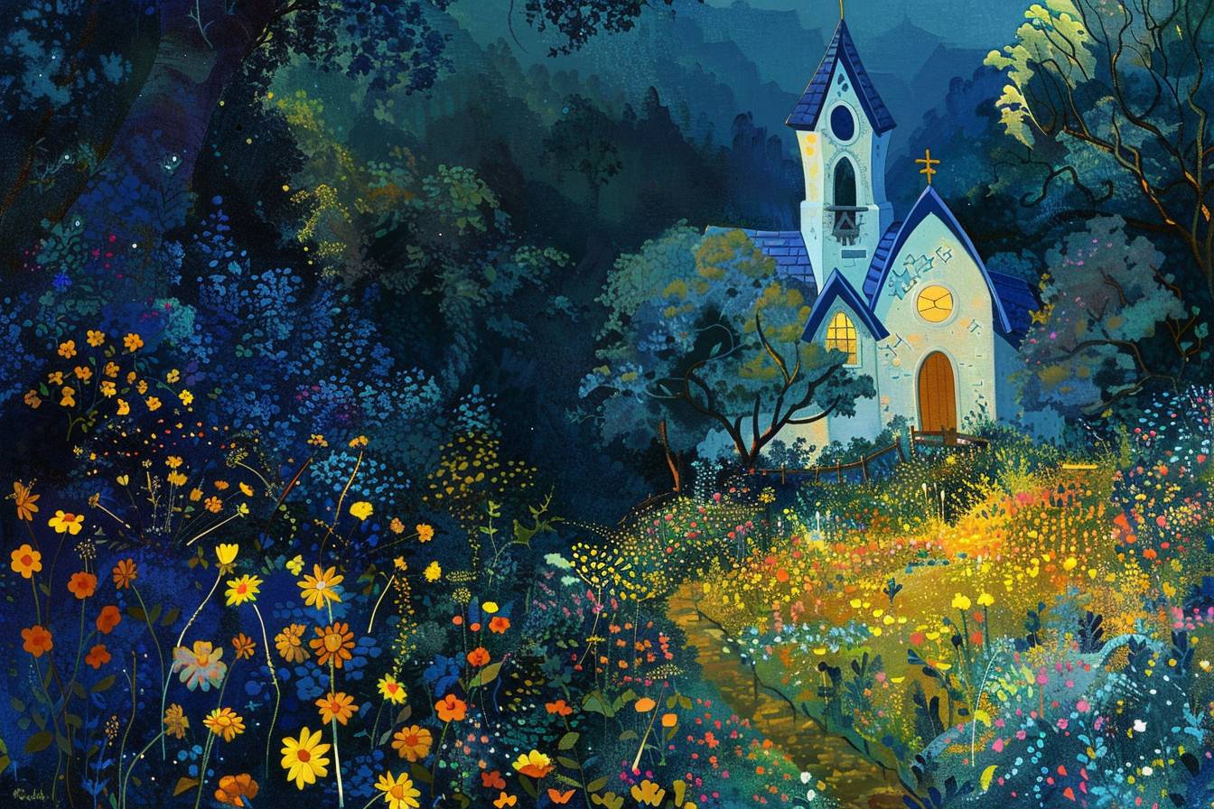 In style of Eric Carle, stunning natural landscape, including a church
