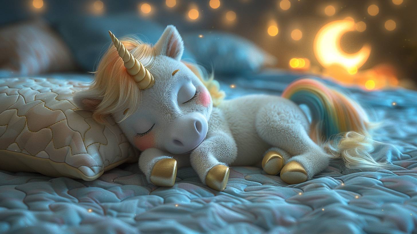 A tranquil night scene featuring a cute white unicorn with a golden mane and a rainbow horn sleeping peacefully in a cozy bedroom. The lighting is dim and soft, with no bright spots. The atmosphere is calming, with a soft nightlight providing a gentle glow. The colors are muted and warm, with plush pillows, a quilted blanket, and a moon and stars visible through the window.