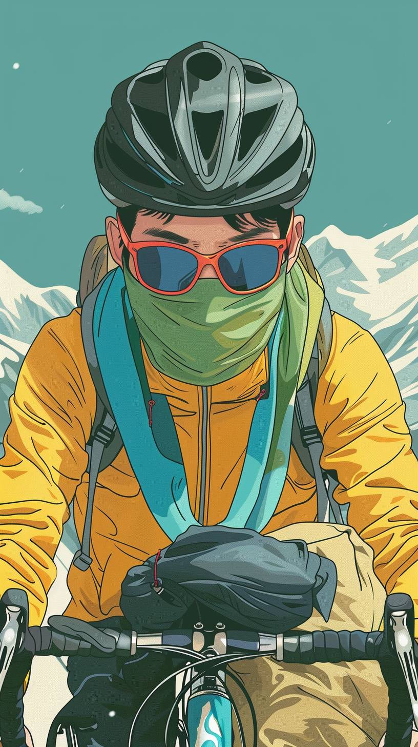 Cartoon style poster of an Asian man cycling with a backpack and luggage on the Xizang highway. The poster is a high shot with a close-up of the man's face, wearing cycling sunglasses and a windproof face scarf.