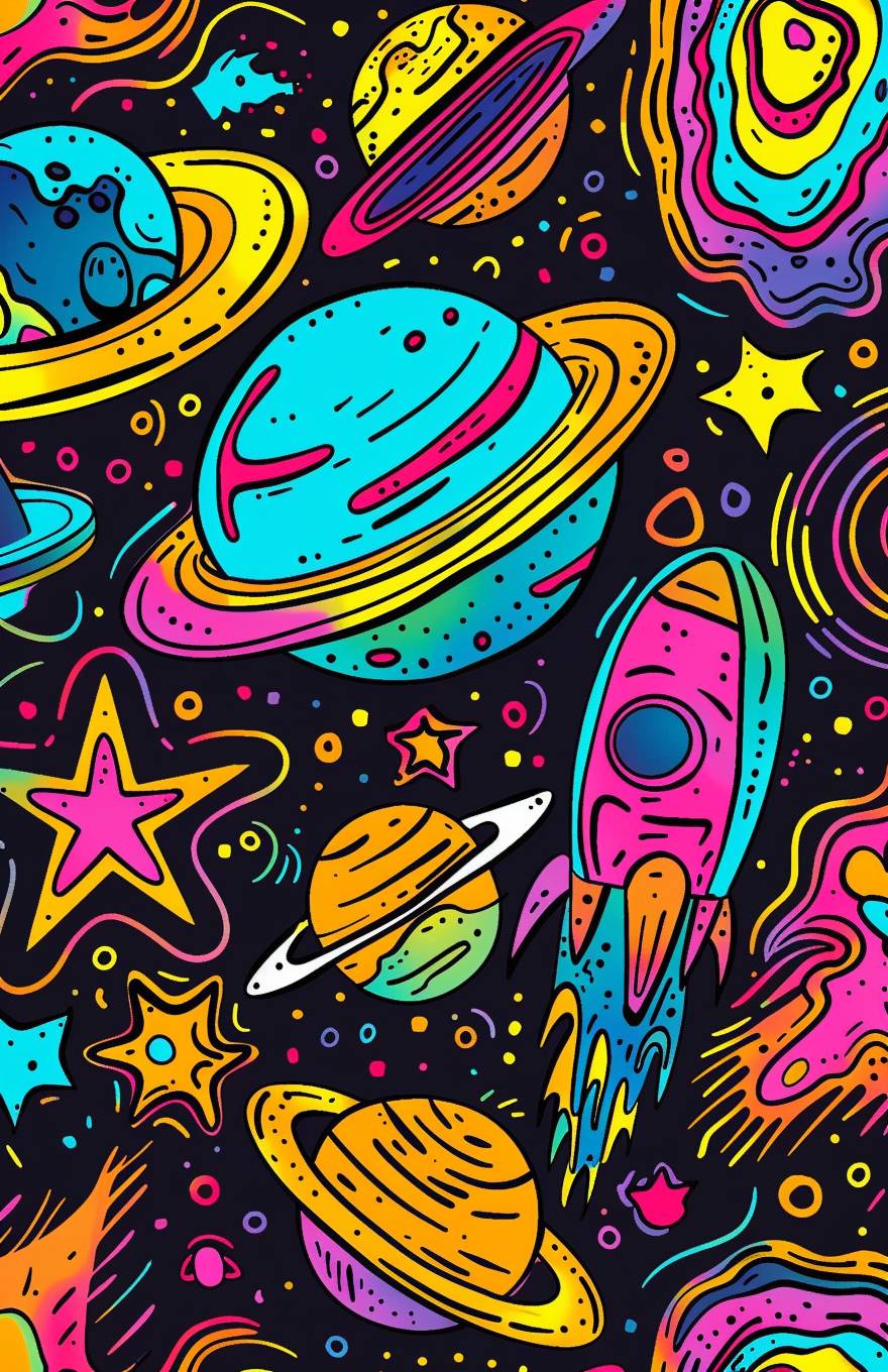 Colorful Hand drawn SPACE doodles, whimsical collage in the style of 90s cartoons & iconic pop-art, seamless pattern
