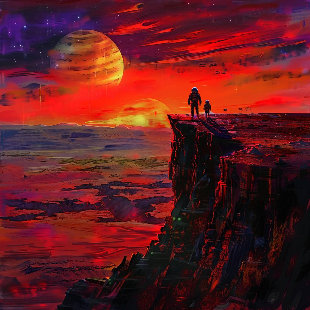 Astronauts on Mars, red alien landscape, massive sunset, giant planets in the sky, steep rock formations, reflective visors, space exploration, high contrast, digital art, vivid colors, long shadows, solitude, serenity, hyper-realistic watercolor painting, graphic novel style