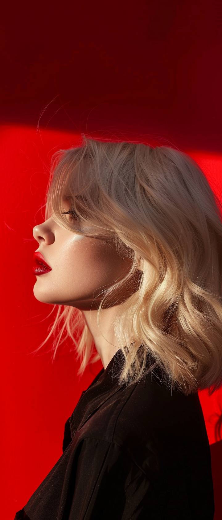 A side profile shot of a model with platinum blonde hair, illuminated by soft, white lighting against a vibrant red background. The makeup is minimal, emphasizing the model’s pale complexion and red lips. The overall effect is striking and minimalist, with a focus on the contrast between the red background and the model’s pale skin.