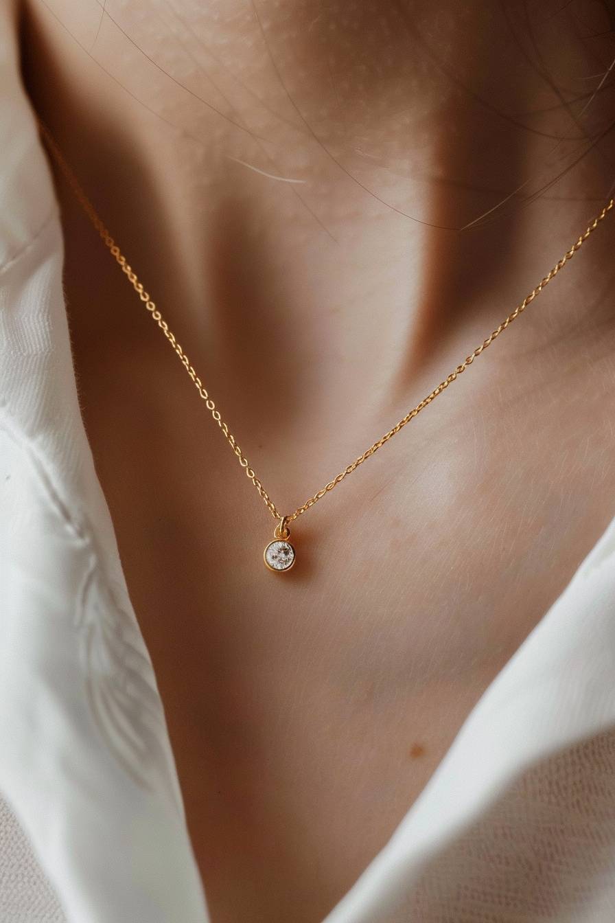 Minimalist gold necklace with a tiny round diamond, on a white skin neck against a white background, in a high resolution photography shot with crisp focus and hyper realistic detail, in the professional photograph.