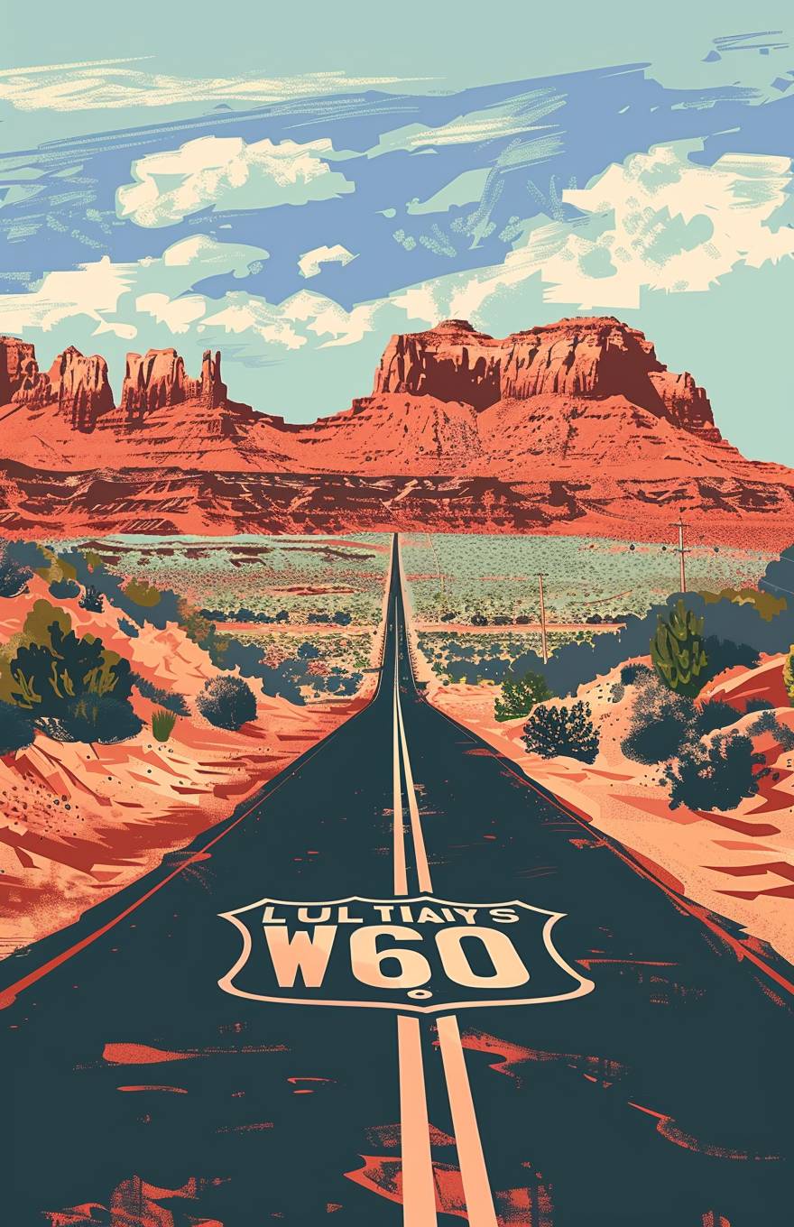 Travel poster, Route 66, desert road, modern illustration, simple, muted colors