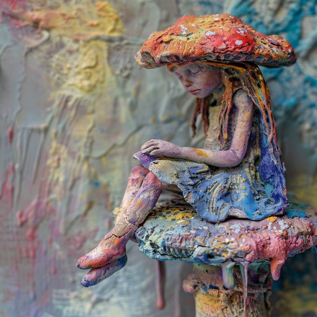 Pixie sitting on a toadstool, whimsical acid nightmare psychedelic LSD, melted