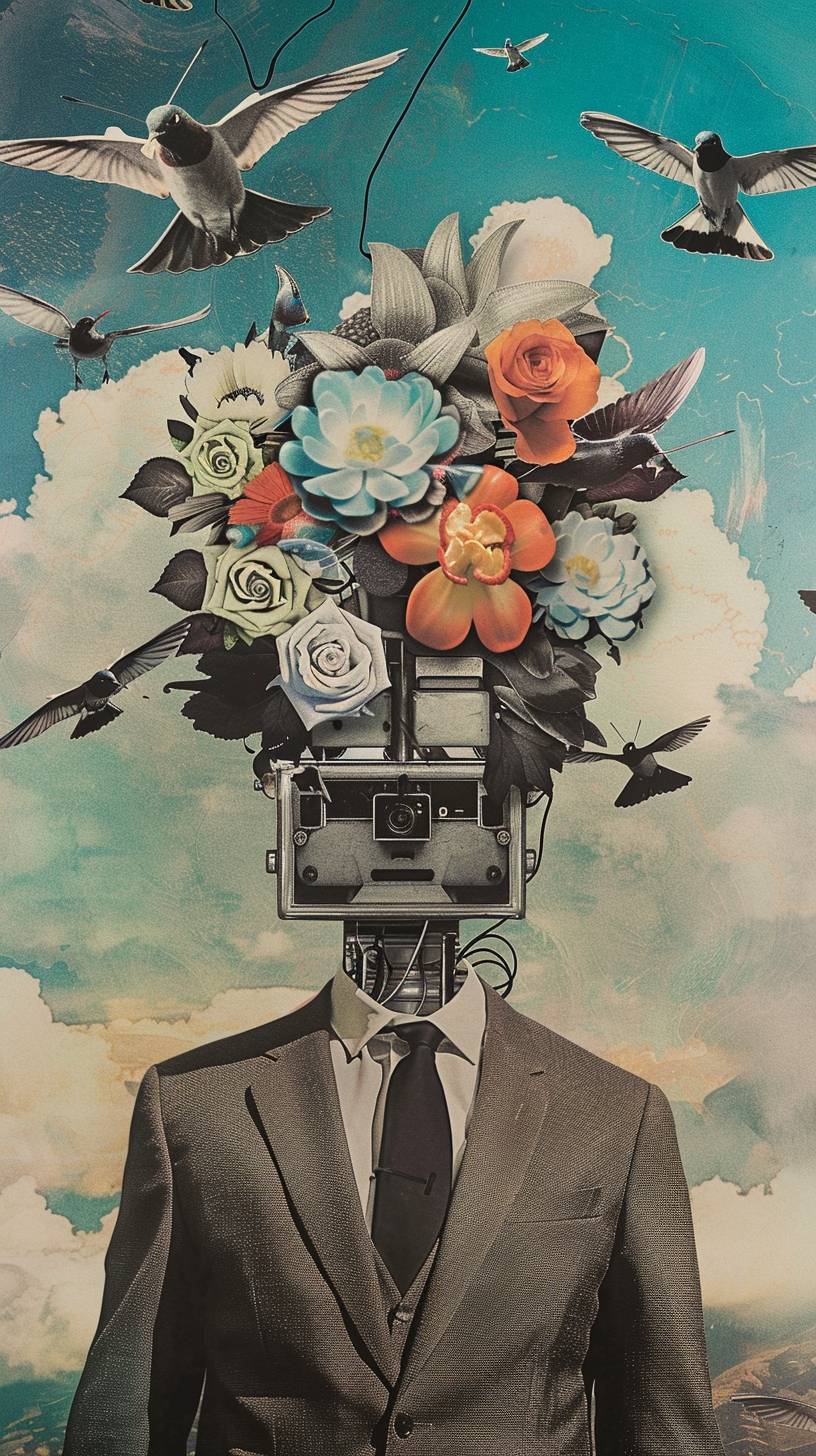 Vintage surrealism, a robot wearing a suit and tie with a hat made of flowers and birds flying around his head, mixed media collage poster art in the style of aesthetic --ar 9:16 --style raw --stylize 50 --v 6.0