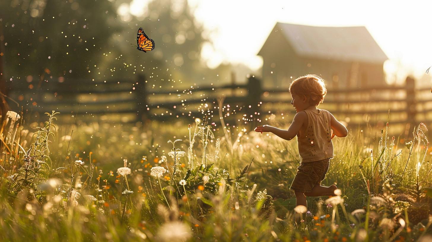 Child in a field, chasing a butterfly. Laughter caught mid-air. Grass stains on his knees. Rural landscape. Midday. Wildflowers, a wooden fence, a farmhouse in the distance. Wide shot, full body. Bright sunlight, butterfly frozen mid-flight, dust particles floating in the air. Hyperrealistic capture.