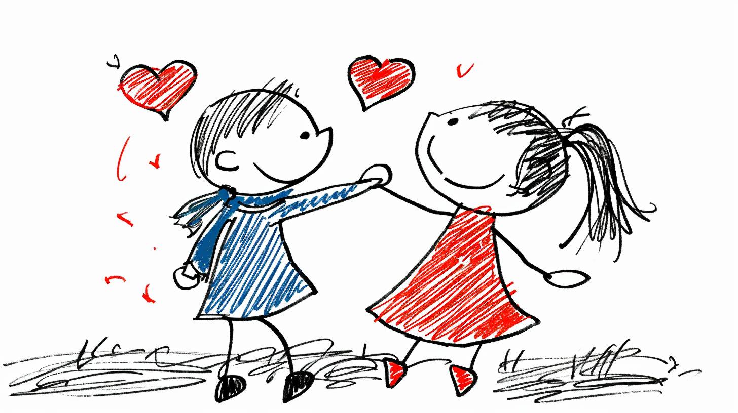 Hand-drawn cartoon-style 2D stick figure of a loving couple dancing, with hearts, very detailed and high quality