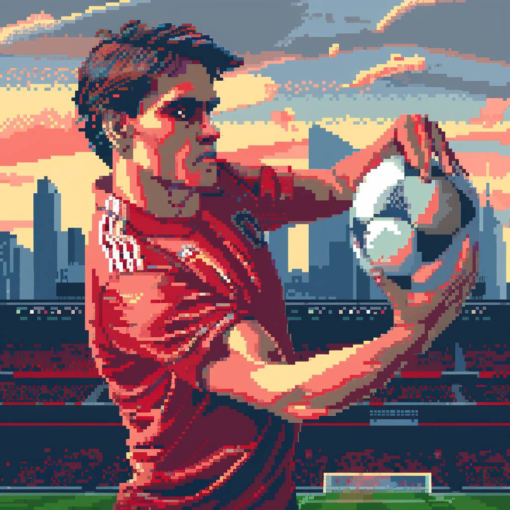 [プレイヤー]、16ビットのビデオゲームを思わせるピクセルアートスタイルで、サッカーボールを持ち、スタジアムの背景、準備と決意を示すダイナミックなポーズ。