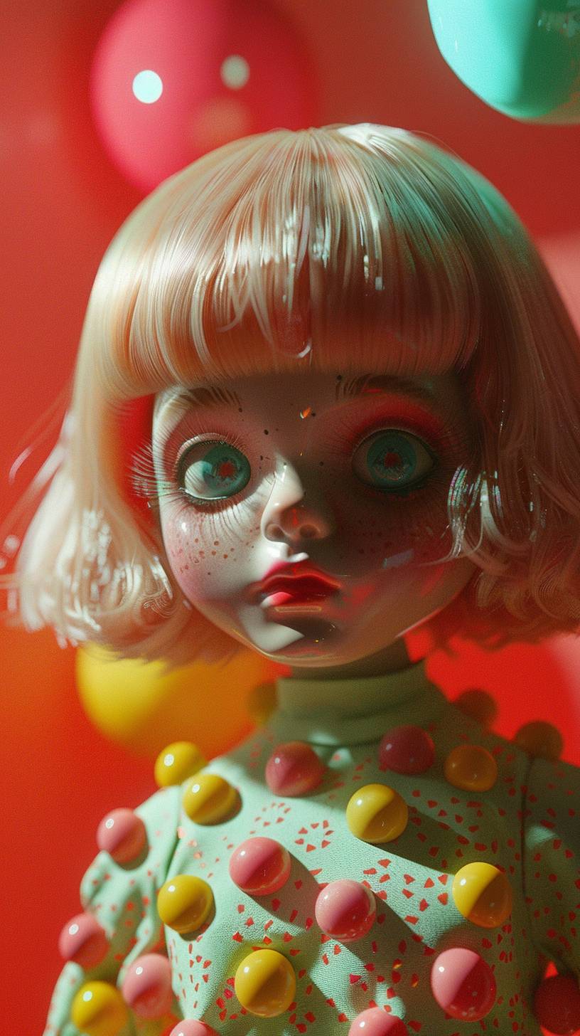 Sphere articulated doll covered in pastel macaroons, short hair, big eyes, red lips, long eyelashes, bright sunlight, lights, glitter dust, high definition, pop art, bright, pastel colors, tilt-shift photography, cinematic stills style, Vortex flare, as a full-body shot, contrast, flickr, analog, 12mm, realistic, hyper-realistic skin texture and facial features, realistic body and anatomy, artistic light smear, lens flare, dslr.