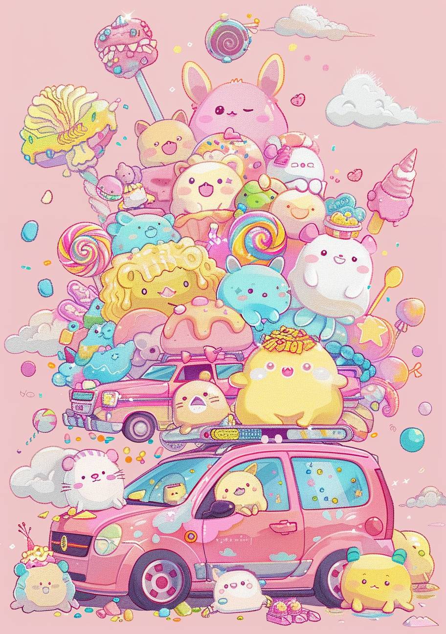 Cute pastel colored drawing of characters in the kawaiicore style on the top and bottom, in the middle there is an illustration with a candy theme containing many details and objects, the light pink colored background has a car full of plushies behind it, the cutest you have ever seen, cartoon character, vector art, bold outlines, colorful illustrations, clean lines, flat shading, soft colors, watercolor background.