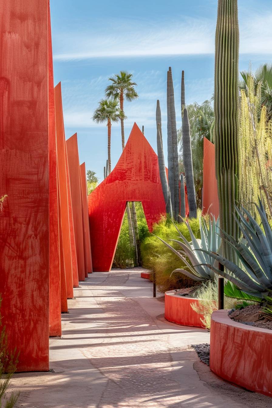 A photograph of monumental geometric-shaped topiaries inspired by the painter Henri Matisse. Located in the desert oasis. Intense light. Surreal ambiance.