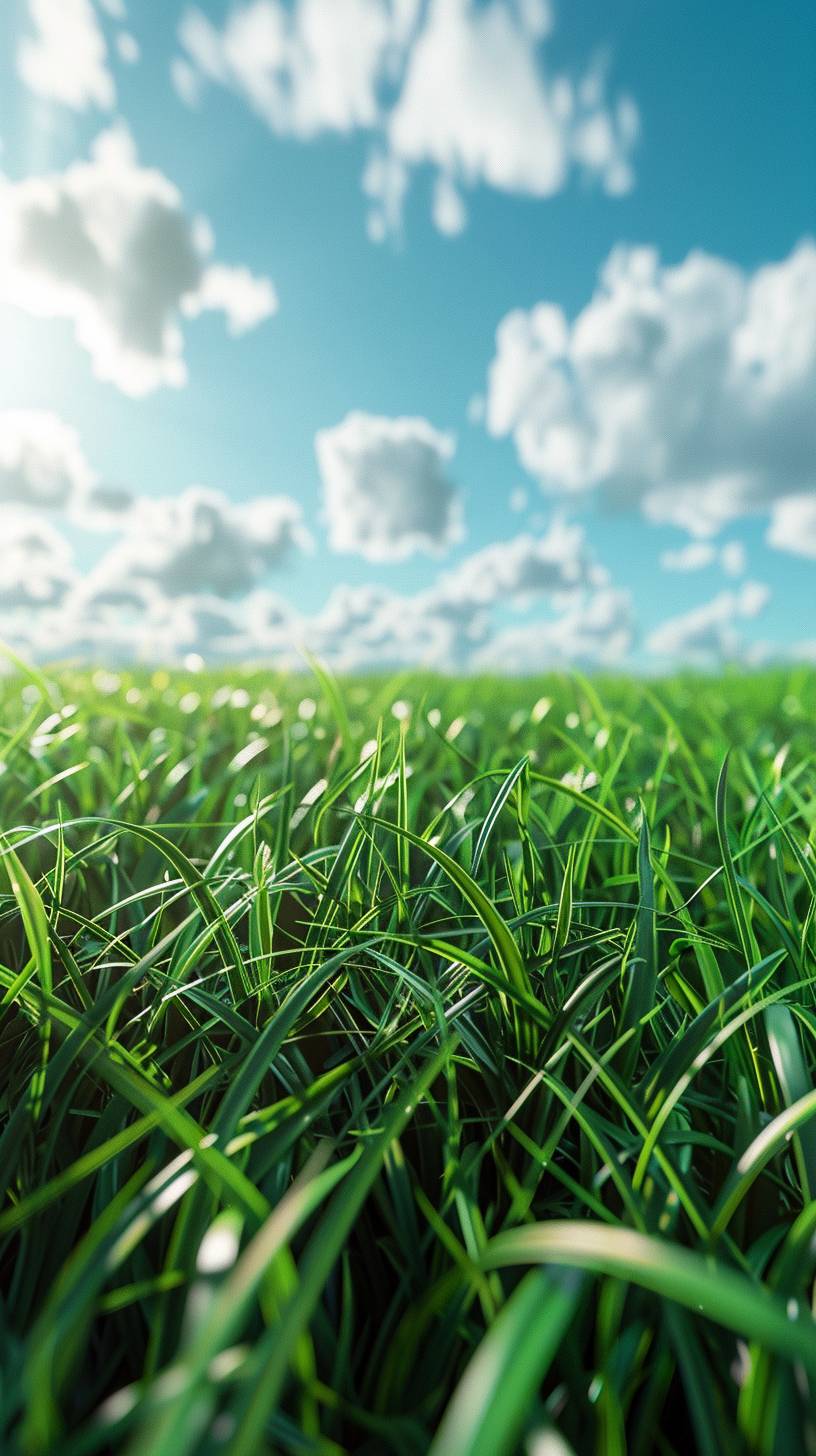 The background is green grass and sky blue tones, light colors and soft light, ultra-high-resolution photography style with flat perspectives, utilizing a wide-angle lens to highlight details.