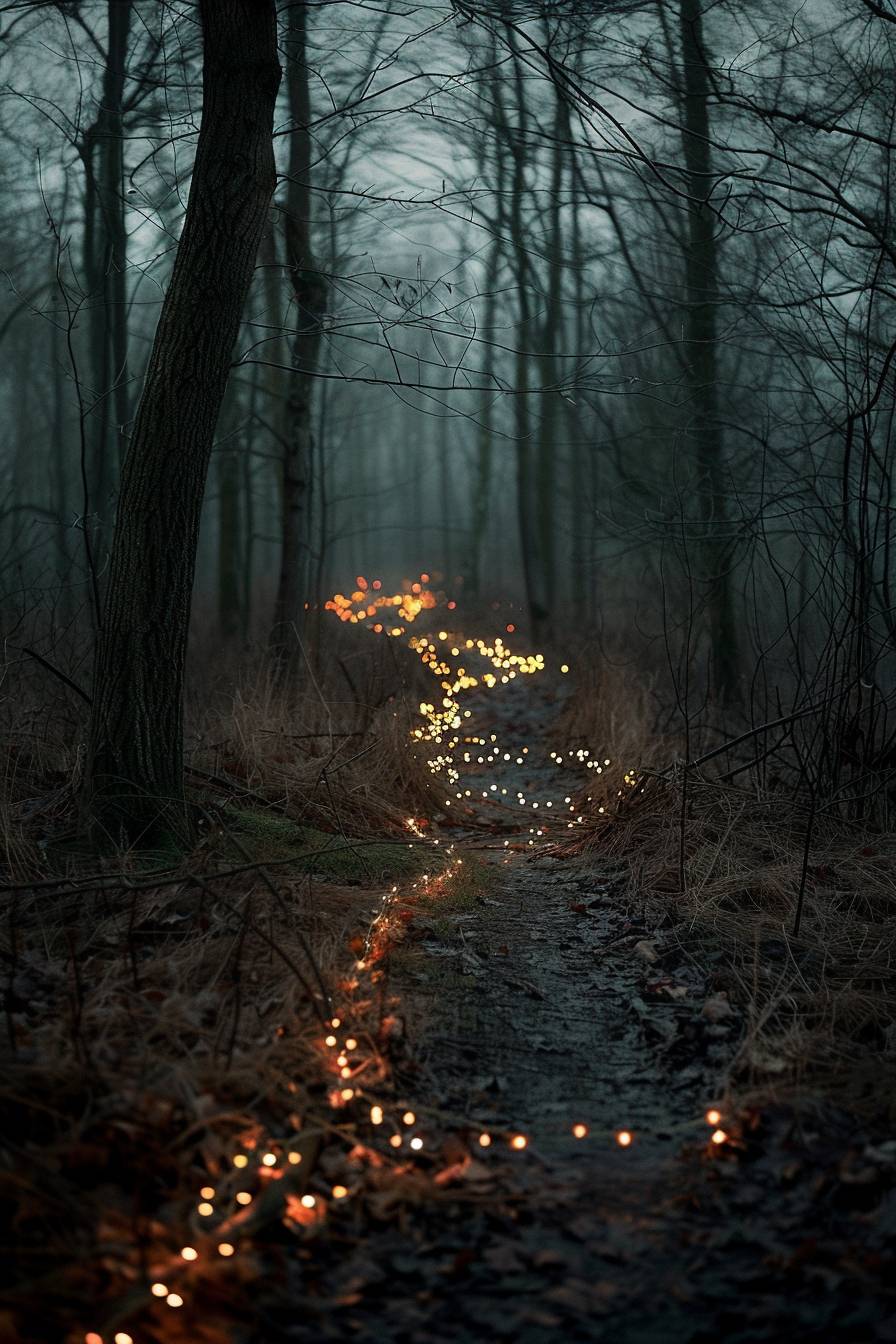 In the style of Akos Major, Fairy lights illuminating a path through the woods -- Aspect ratio 2:3 -- Version 6.0