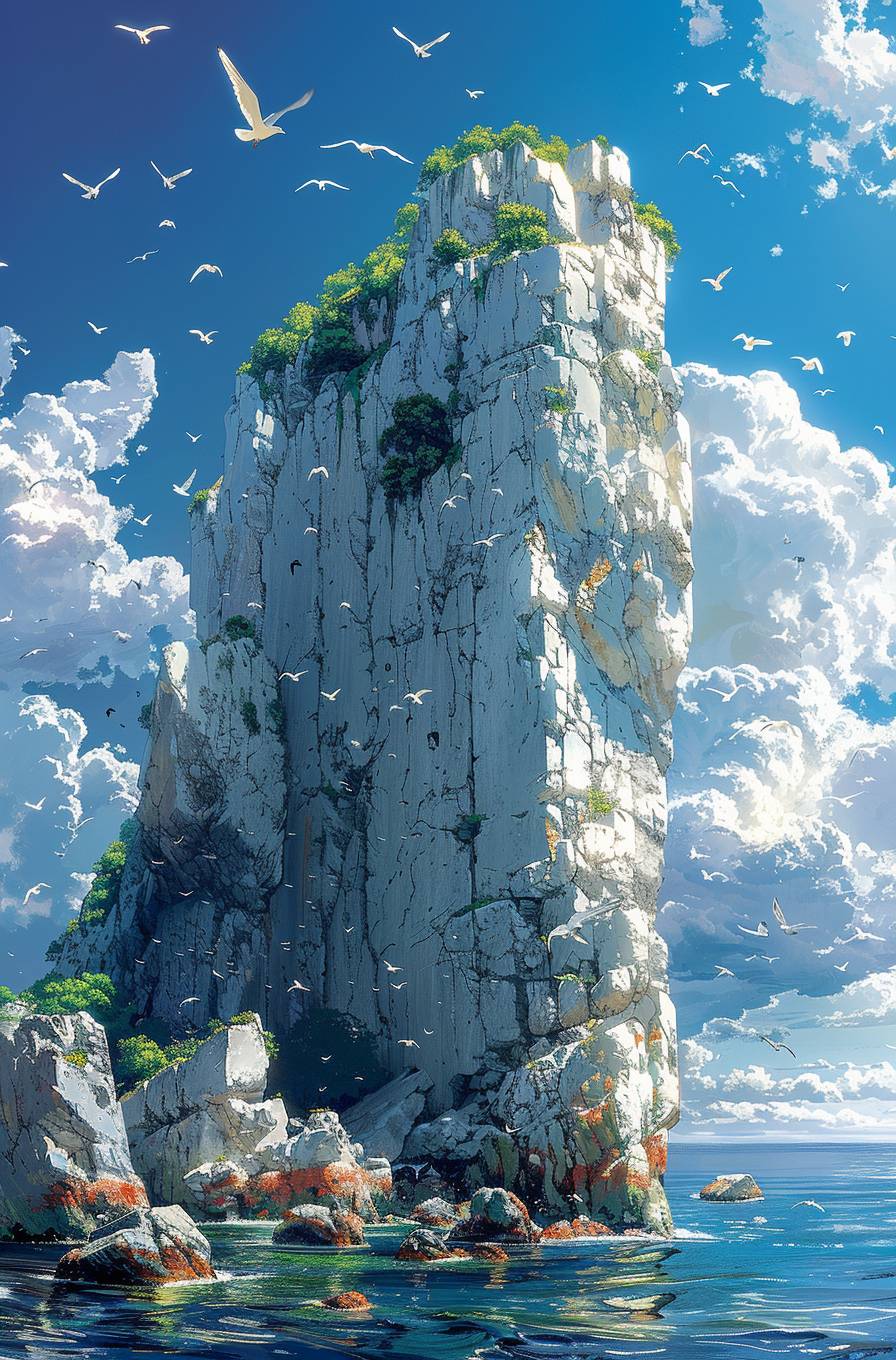 A massive rock in the middle of an ocean, birds flying around it, in the style of Atey Ghailan and J C Leyendecker.