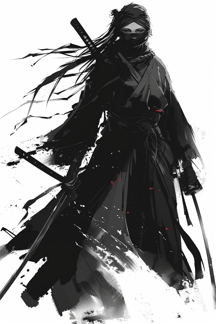 Female ninja with eyepatch, holding 2 swords, flowing robes, scar, art style of Yoji Shinkawa --ar 2:3 --c 2 --v 6.0