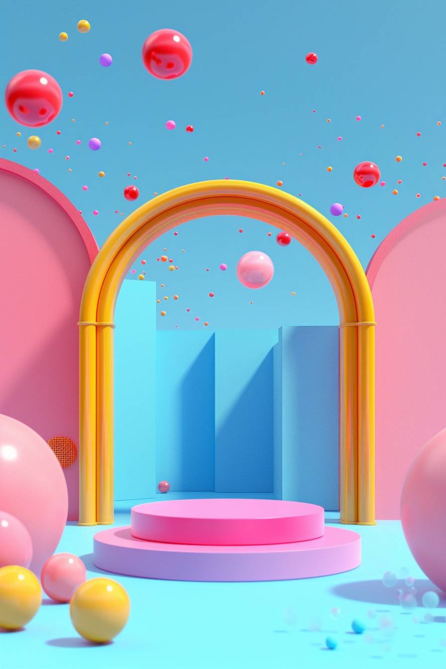 On the podium, Simple style, bright, the background is an arch made of colorful building blocks, Pink background, sky blue background, bright environment, c4d, Octane Render