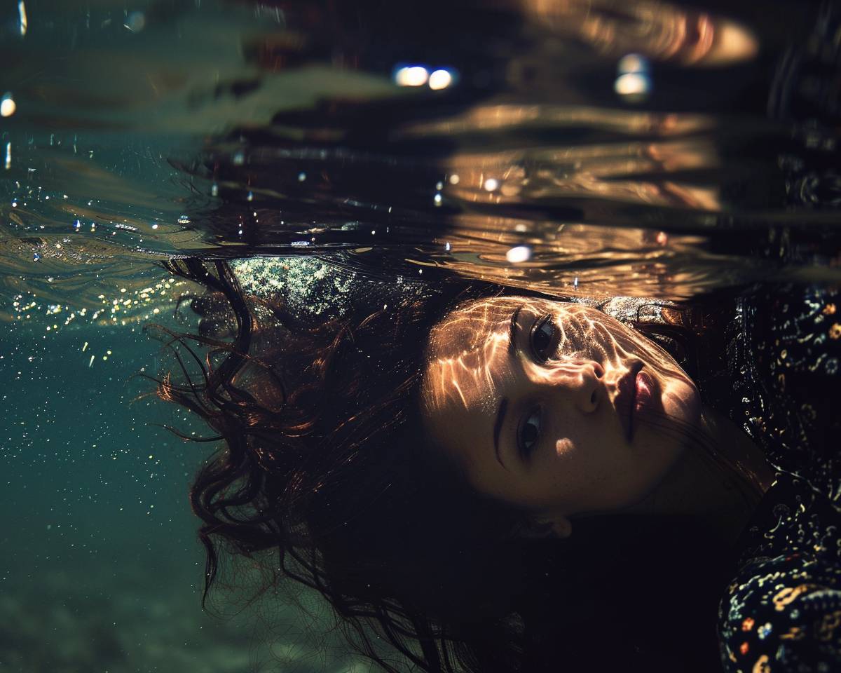 Dark underwater photo of woman lying in the water