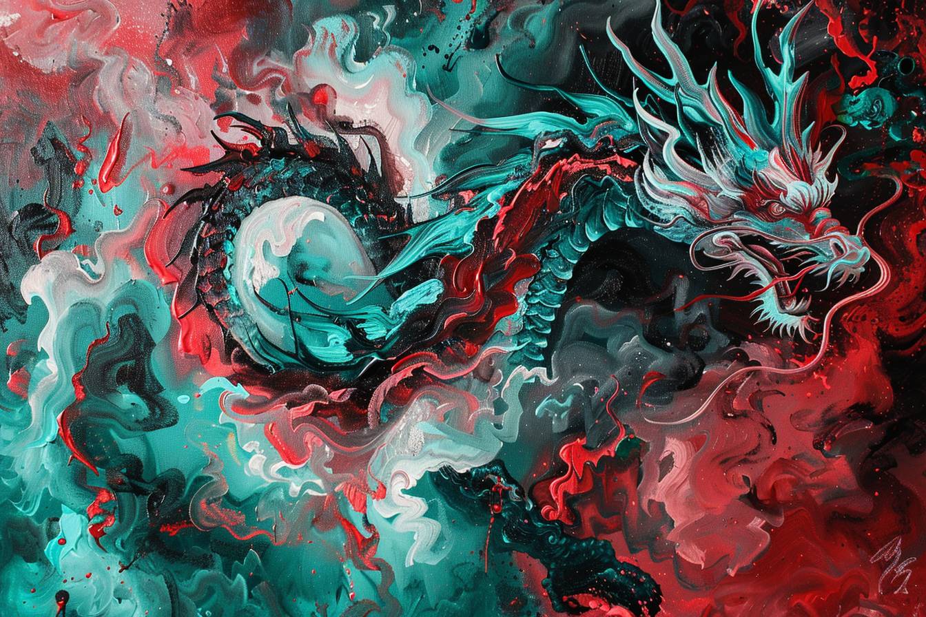 Dragon captured in abstract art, featuring swirling crimson and teal patterns