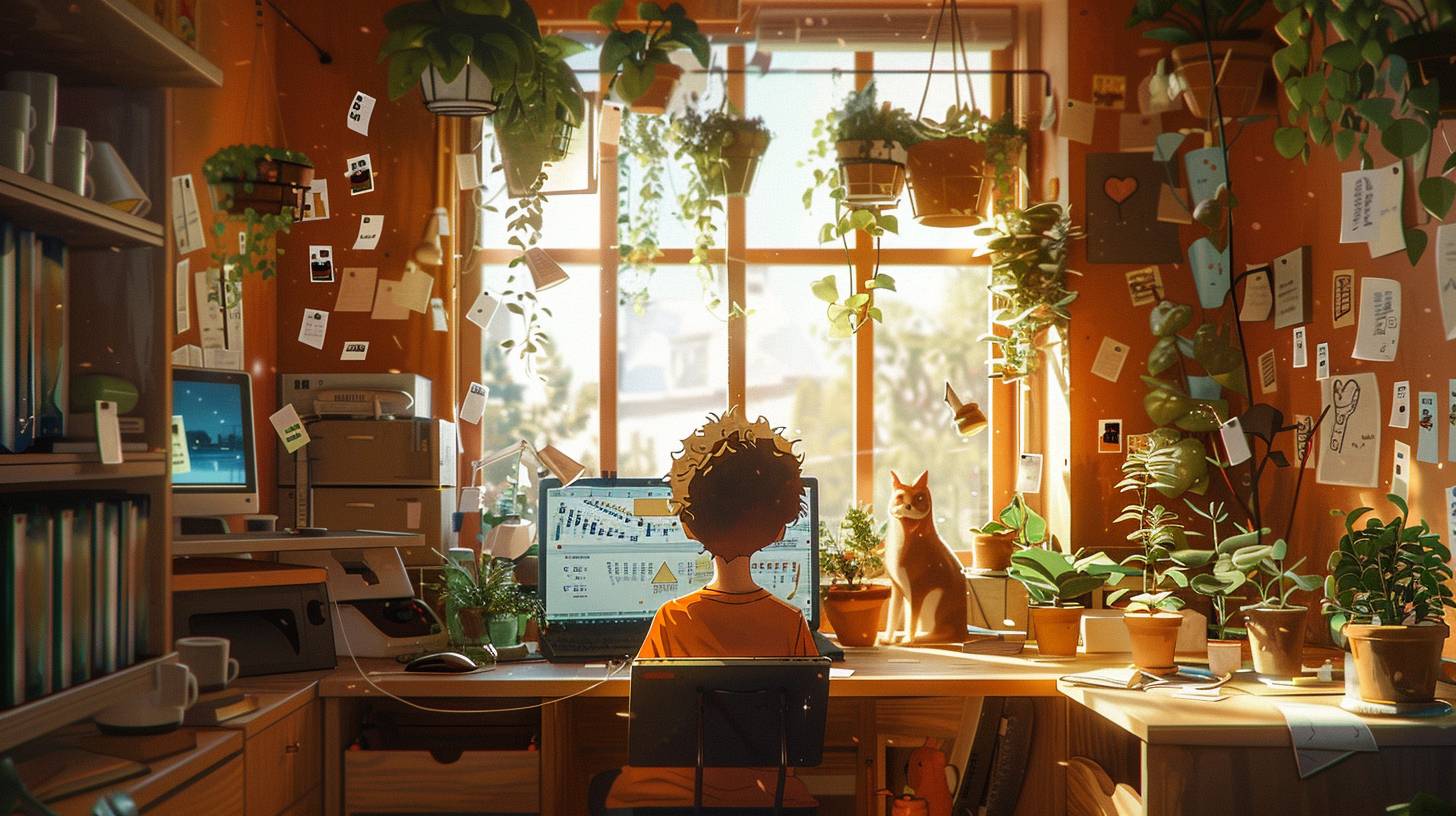 ホームオフィスで、ネコとイヌがいる子供がノートパソコンの前に座っています。ノートパソコンの画面には建築図面が表示されています。部屋中には鉢植えがたくさんあります。壁には多くのメモが貼られ、それらは糸でつながっています。映画のようなイラスト、大竹竹洿、イリーナ・ノルドソル・クズミナ--ar 16:9  --v 6.0