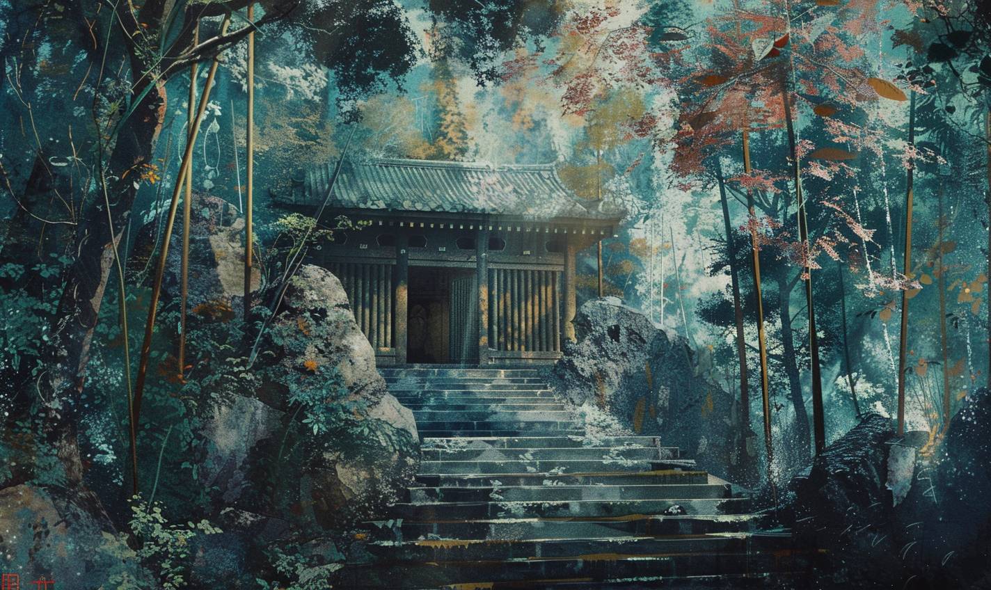 In the style of Kunisada, a forgotten temple hidden in the jungle
