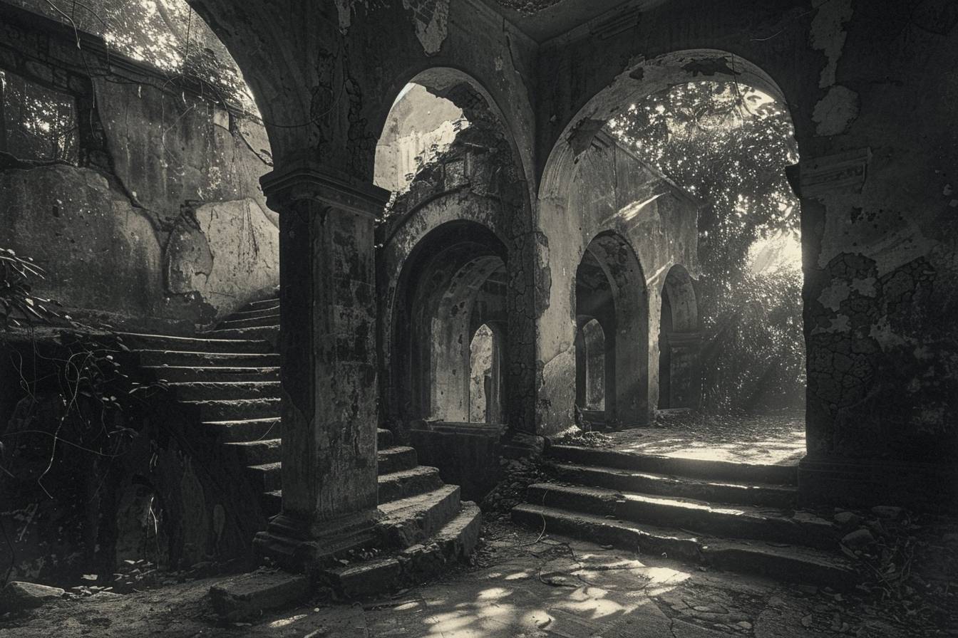 Romantic ruins, vintage photography, chiaroscuro, Guatemalan art, passage, panorama, 1970-present, Romanesque art