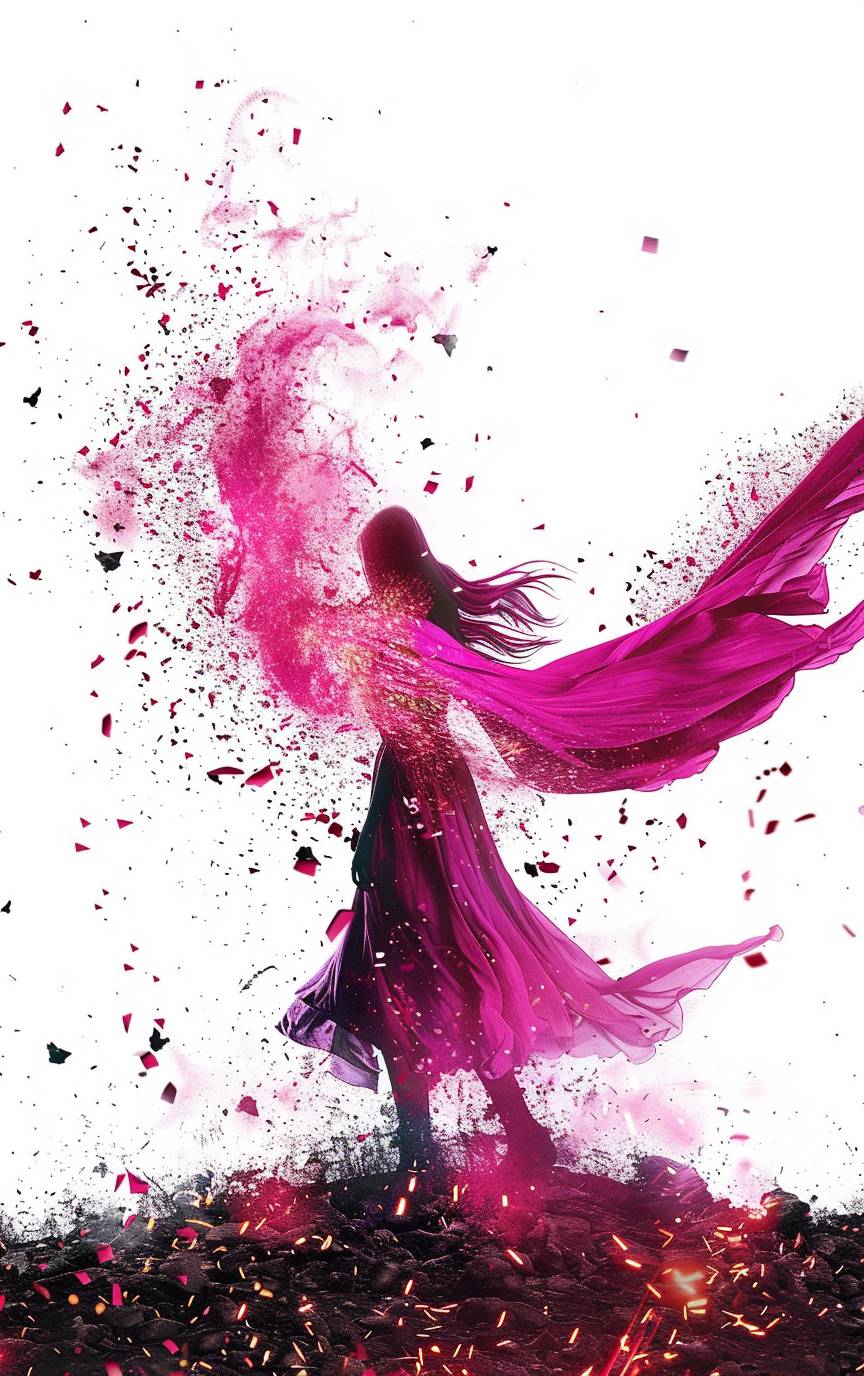 A semi-realistic illustration of a woman releasing a pink superhero cape half-disintegrated into embers, 100% white background