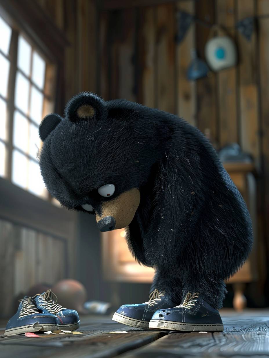 Little black bear bending down to look at his broken shoes, 3D cartoon dream -ar 3:4 -v 6.0