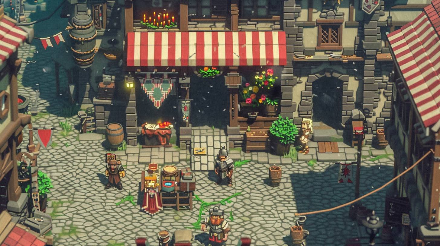 Top-down RPG view with cobblestone paths and artisan shops, where heroes haggle for gear. Designed for nostalgic retro RPG gaming, it creates an atmosphere of preparation and anticipation. The pixel art style reminiscent of classic games.