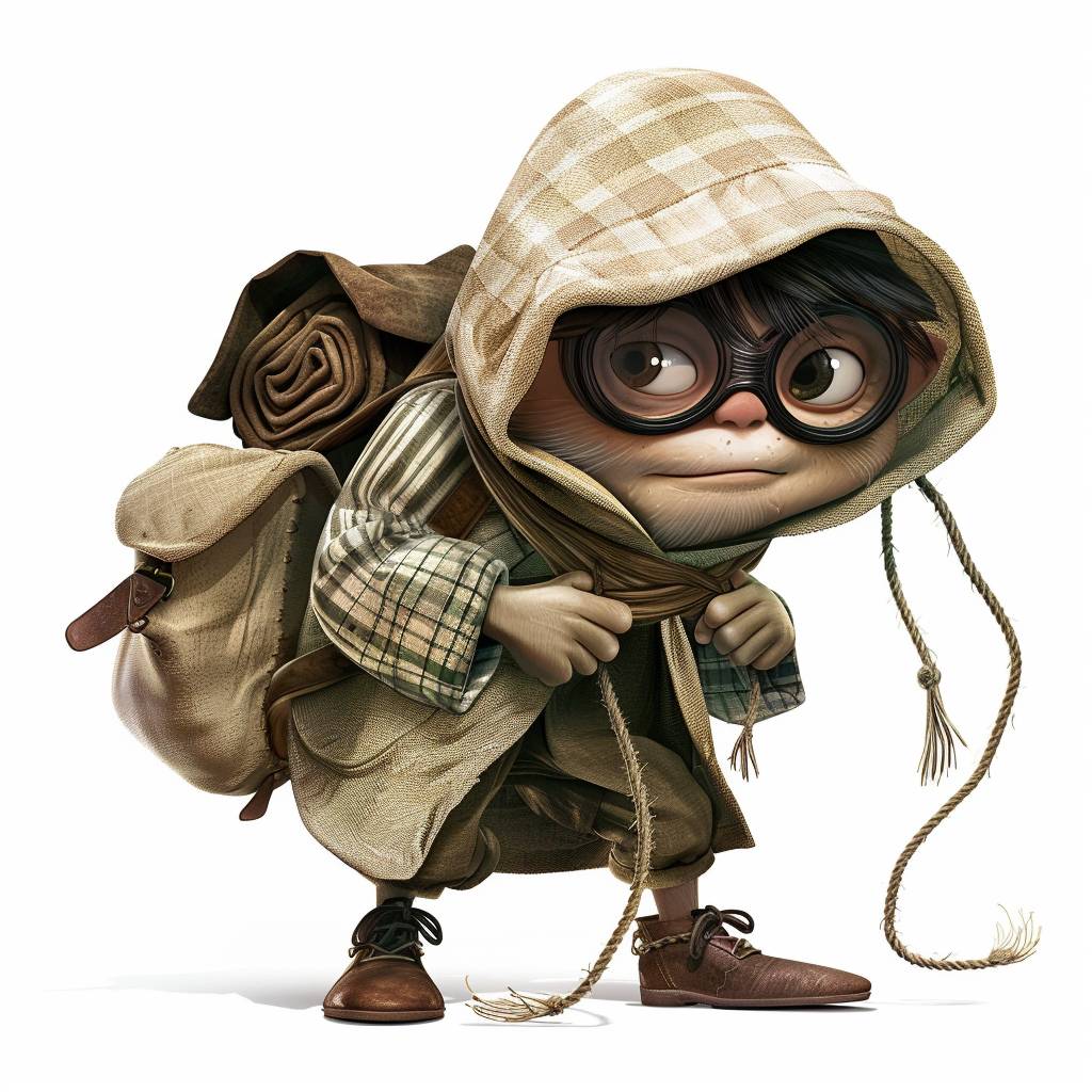 Sneaky thief, whimsical, in the style of Pixar, photorealistic, high definition, intricate detail, isolated on a white background.