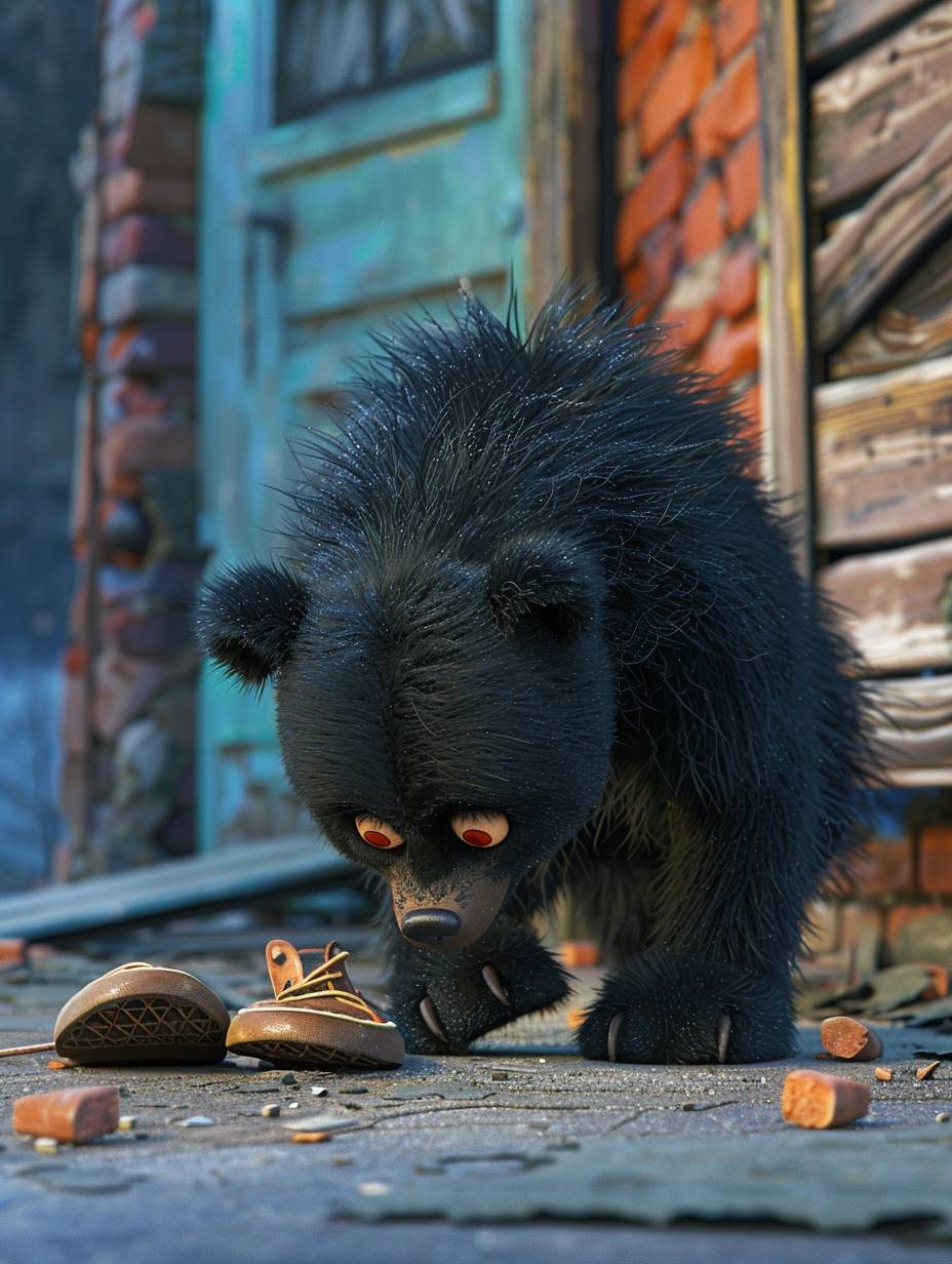 壊れた靴を見下ろしている小さな黒いクマ、3Dカートゥーンの夢 -ar 3:4 -v 6.0