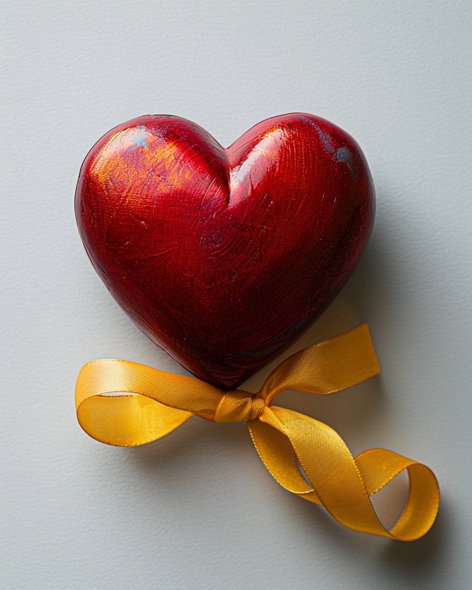 Red and pink heart, matte finish, tied with a yellow ribbon like a gift, atmospheric lighting, on a white background