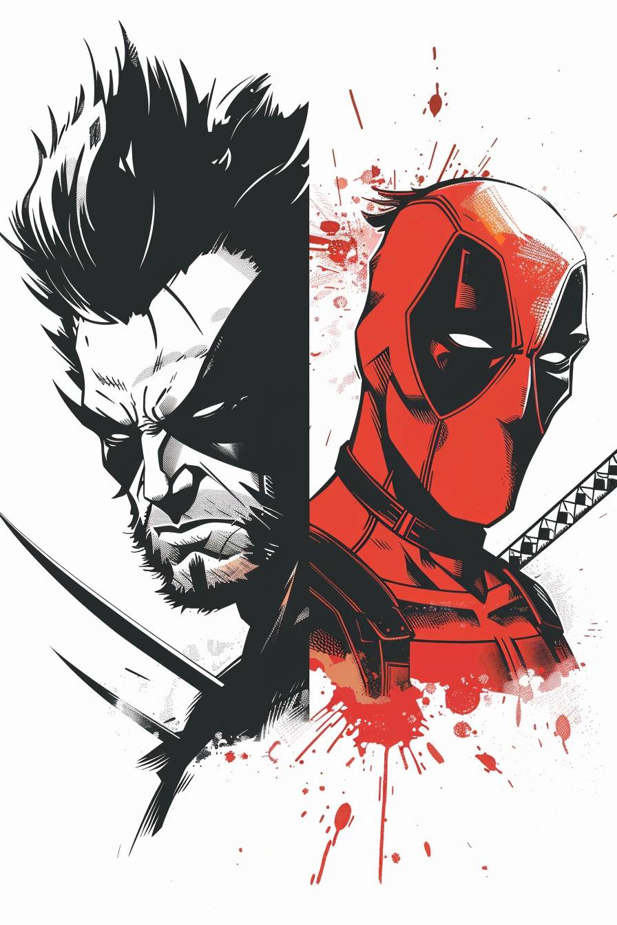 Comic book illustration of two Marvel anime characters, one of them is Wolverine played by Hugh Jackman without a mask, the other is Deadpool, 80's comic book style, simple lines, American comics, 2d, flat illustration, very contemporary
