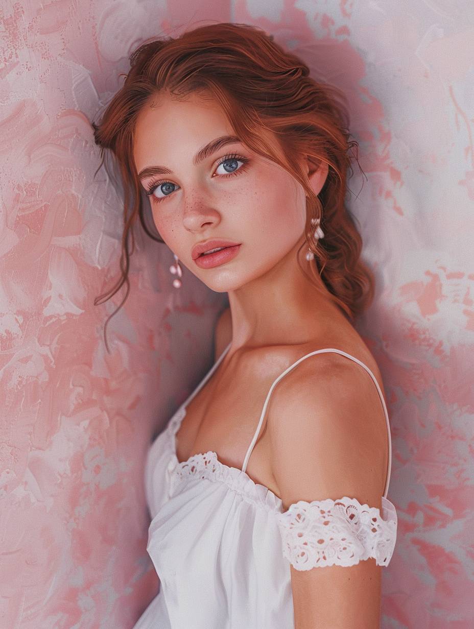 A beautiful girl with light brown hair, wearing earrings and white dress, leaning against the wall painted in pink red tones, looking at camera, half body portrait, digital art style, ultra realistic illustration, pastel colors, soft lighting, closeup, high resolution, hyperrealistic